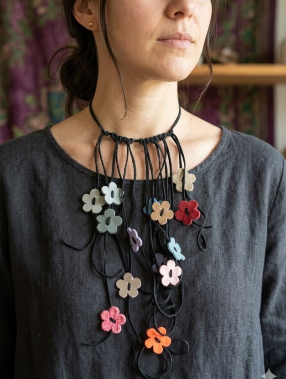 Handmade Multi-Color Dripping Flower Genuine Leather Suede Fringe Cord Necklace